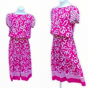 Vintage 80s Floral Red Pink Dress Medium 14